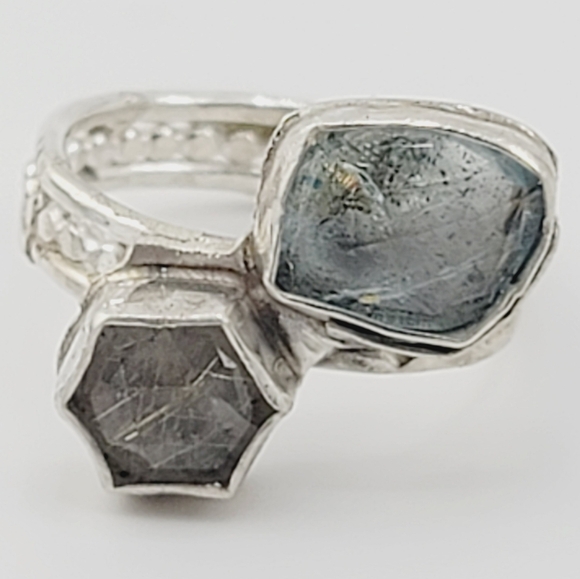 AQUAMARINE & RUTILATED QUARTZ DOUBLE RING HANDMADE IN STERLING SILVER SZ 6.5 - Picture 1 of 5
